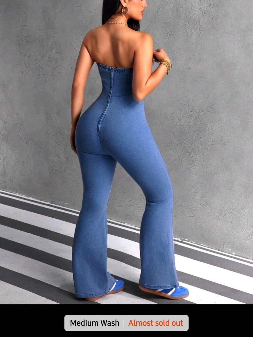 SHEIN Medium Blue Strapless Denim Flare Jumpsuit